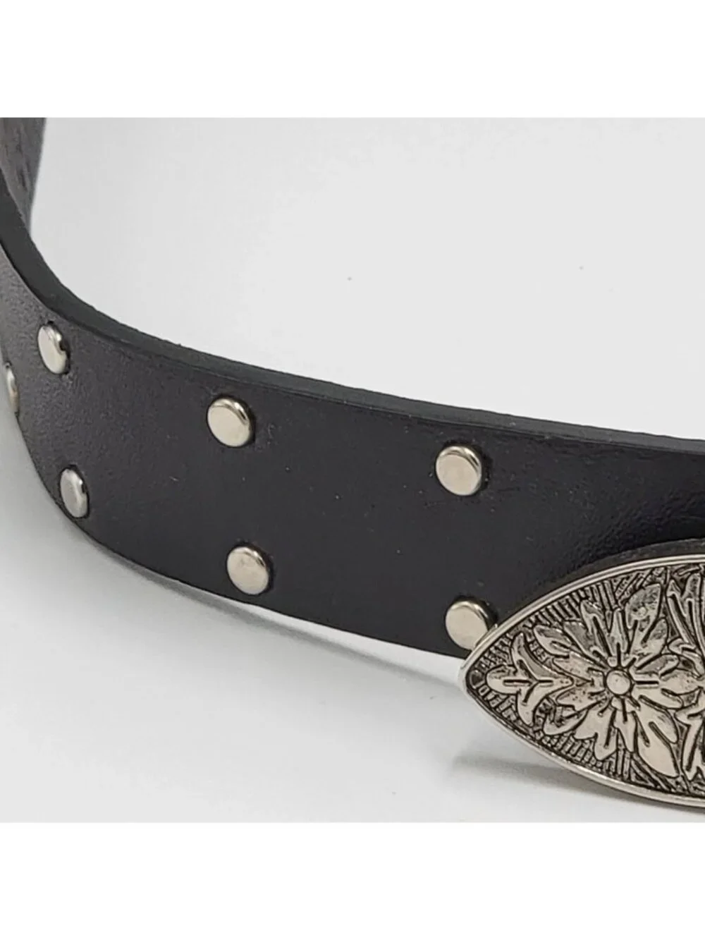 Western-Style Black Leather Belt With Dual Ornate Silver Buckles & Stud Details